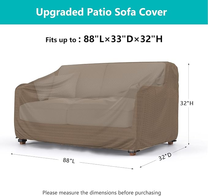Patio Sofa Cover Waterproof - Heavy Duty 3-Seater Outdoor Couch Cover, Patio Furniture Covers with Air Vent and Handles, 88"L ×33" D×32" H, Brown - Image 2