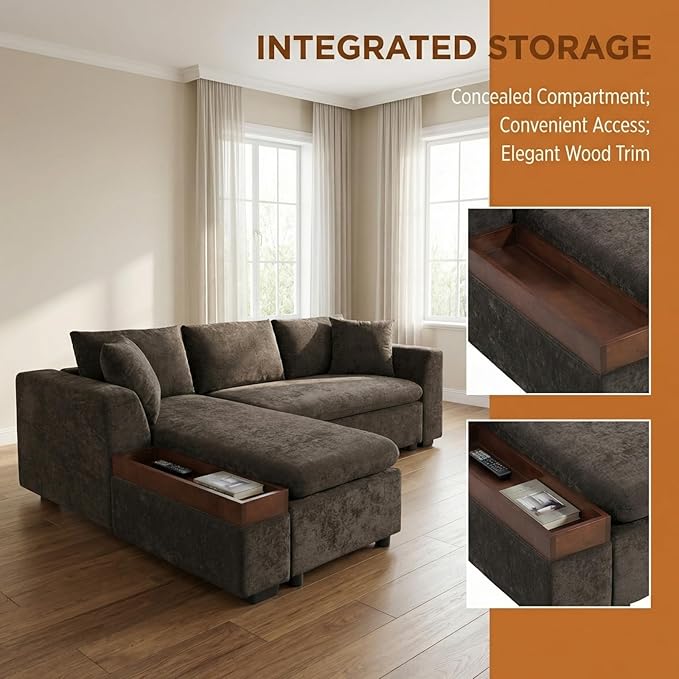 93.7" L-Shaped Sectional Sofa with Storage Chaise, Modern Couch for Living Room, Chenille Upholstered Couch with Deep Seats & Throw Pillows, Modern Corner Sofa for Living Room, Gray