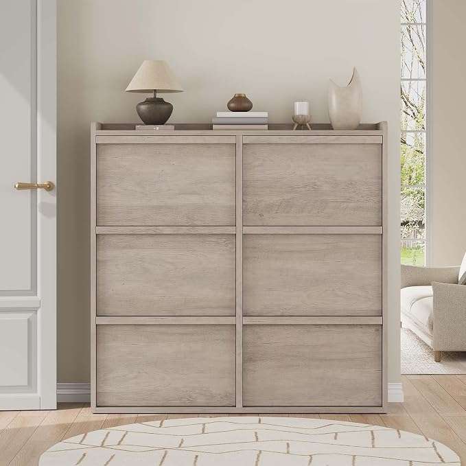 GarveeHome Shoe Cabinet with 6 Flip Drawers, Wooden Shoe Organizer Cabinet with Adjustable Shelf, Shoe Storage for Entryway, Hidden Shoe Cabinet for Hallway, Living Room, Grey - Image 3