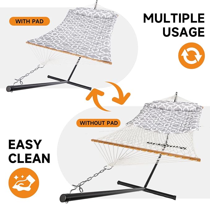 Everyfun 2 Person Outdoor Hammock with Stand, Cotton Rope Hammock with Polyester Pad, Adjustable Steel Frame, Portable with Carrying Bag – for Patio, Backyard, Garden, Beach, Cloud-Gray - Image 2