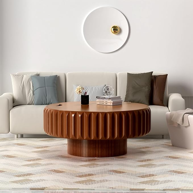 31.5in Drum Coffee Table with Storage Modern Unique Fluted Tea Table Contemporary Round Coffee Table with Fluted Center Table for Small Space Apartment(31.5in)