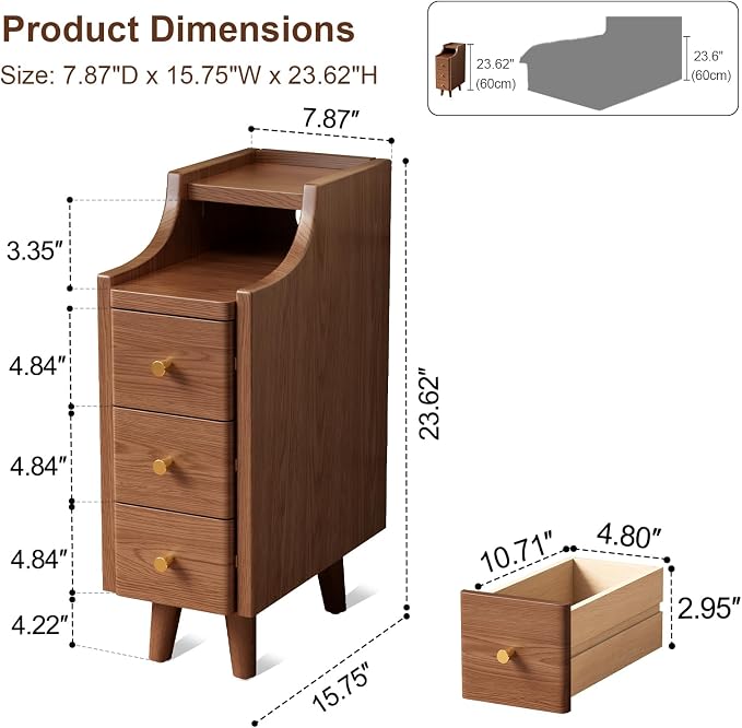 Solid Wood Narrow Nightstand with Drawers,Walnut Nightstand Wood Bedside Table Modern for Bedroom,Study,Toilet - Image 2