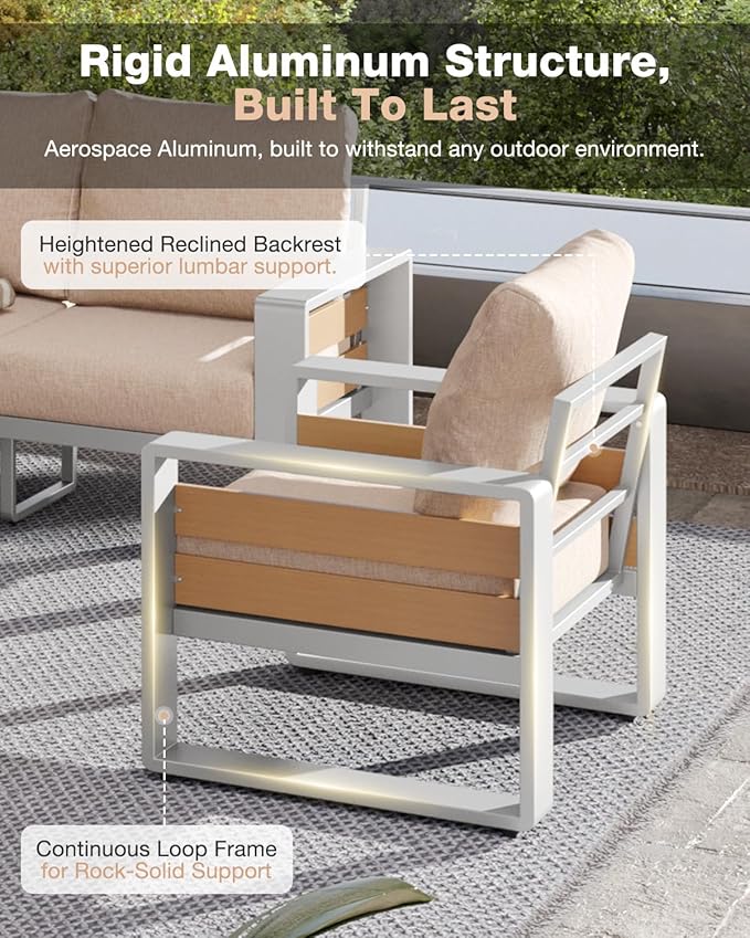 Aoxun Aluminum Patio Furniture Set, 4 Piece Luxury Outdoor Sectional with 6" Olefin Fabric Cushions, Patio Conversation Sets with Coffee Table and Waterproof Cover for Backyard, Porch Beige
