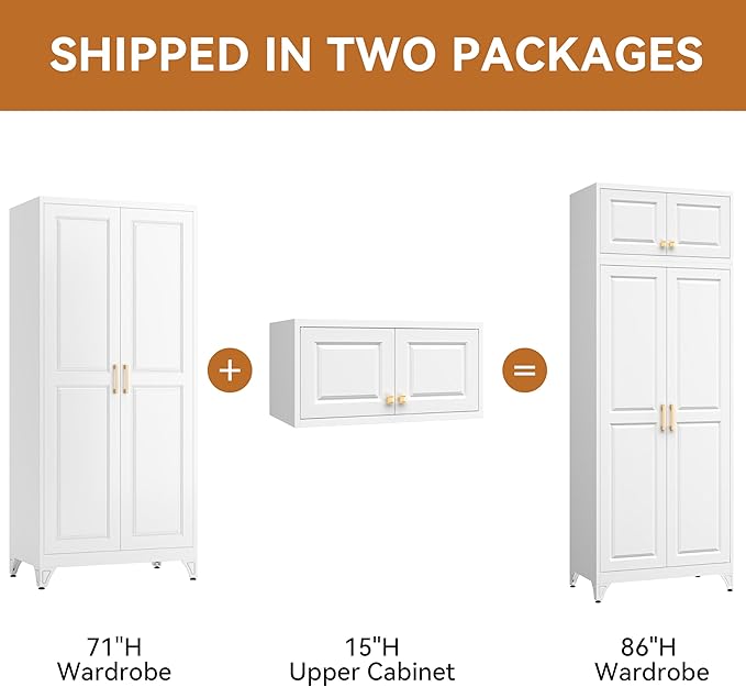 Polup Metal Armoire Closet, 86 Inch Tall Wardrobe Armoire with Hanging Rod, Almirah for Clothes with Doors, 18" D x 32" W x 86" H, White, Assemble Required, Shipped in Two Packages