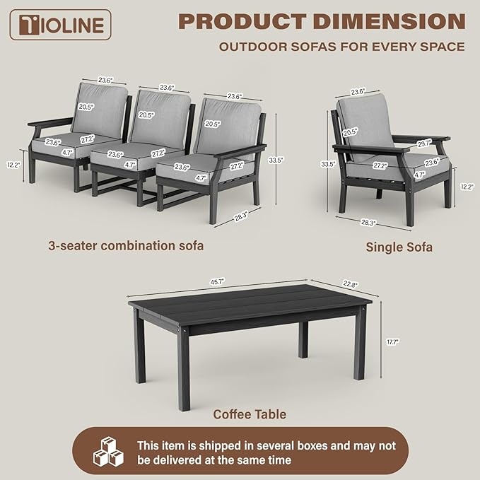 HDPE Patio Conversation Set, 6-Piece All Weather Outdoor Furniture Set with 2 Single Armchairs for Deck, Lawn, with Cushion, Black