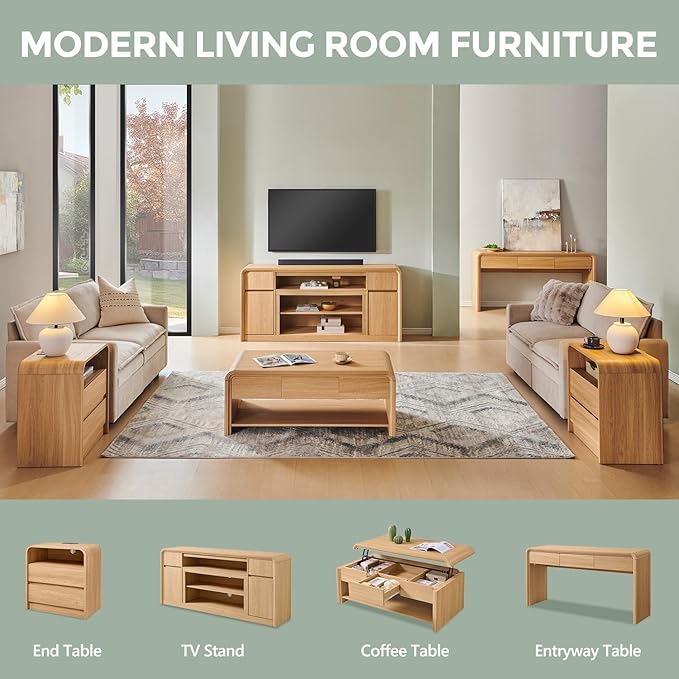 47" Lift Top Coffee Table with Storage, Modern Coffee Table with Pull-Out Drawer and Two-Tier Storage, Rectangle Wood Center Table w/Curved Profile Design for Living Room, Natural