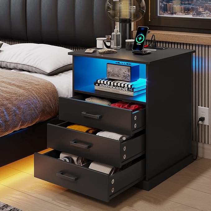 Hasuit Nightstands Set of 2 with Charging Station and LED Lights, Large Bedside Table with 3 Storage Drawer, Black Night Stand for Bedroom, Wider Tabletop 19.0''(L) x 15.0''(W) - Image 2