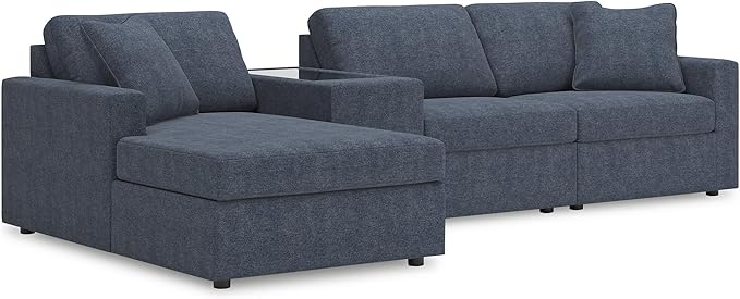Signature Design by Ashley Modmax Contemporary Stain Resistant Left-Arm Facing 4-Piece Sectional with Chaise, Storage Console, Armrest, Throw Pillows and Reversible Cushions, Blue
