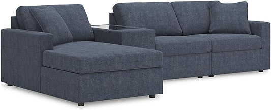 Signature Design by Ashley Modmax Contemporary Stain Resistant Left-Arm Facing 4-Piece Sectional with Chaise, Storage Console, Armrest, Throw Pillows and Reversible Cushions, Blue