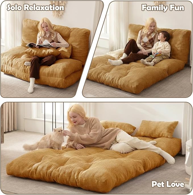 Folding Sofa Bed, Convertible Sleeper Chair with Pillow Foldable Mattress with Back Support, Portable Fold Out Chair Bed Comfy Floor Sofa Lounge for Living Room Bedroom, Yellow Full 80x54 Inch
