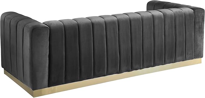 Meridian Furniture 603Grey-S Marlon Collection Modern | Contemporary Velvet Upholstered Sofa with Deep Channel Tufting, Stainless Steel Base in a Brushed Gold Finish, Grey, 86.5" W x 34" D x 28" H