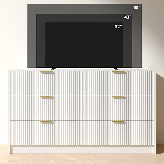 Dresser and Nightstand Sets, 6 Drawer Dresser Set for Bedroom 3 Piece, 55” Wide Wooden Fluted White Dressers W/Metal Handle & Night Stand Set of 2, Modern Bedroom Furniture Sets, White