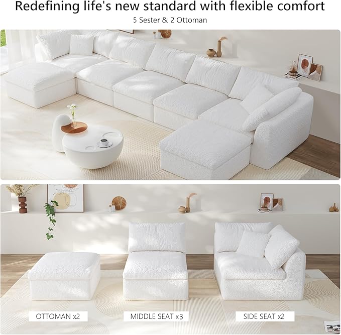 Modular Sectional Sofa Boneless Cloud Couch for Living Room, U Shape Deep Seat Recliner Sofa with Ottoman, Adjustable Backrest & 2 Throw Pillows - Covers Washable, (White, 5 Seater+2 Ottoman)