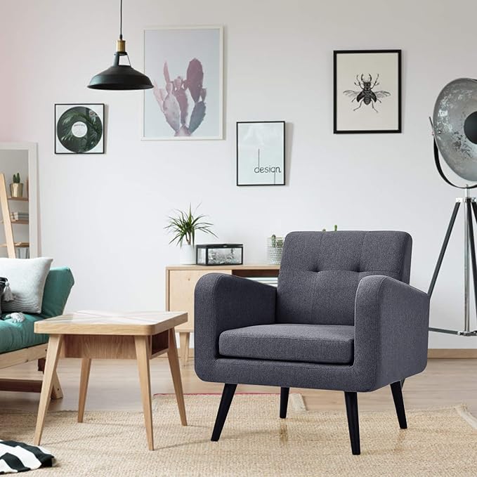 Giantex Upholstered Accent Chair, Modern Mid Century Linen Fabric Living Room Chair with Arms, Max Load 265 Lbs, Comfy Tufted Single Sofa for Reading, Bedroom, Office, Club, Grey