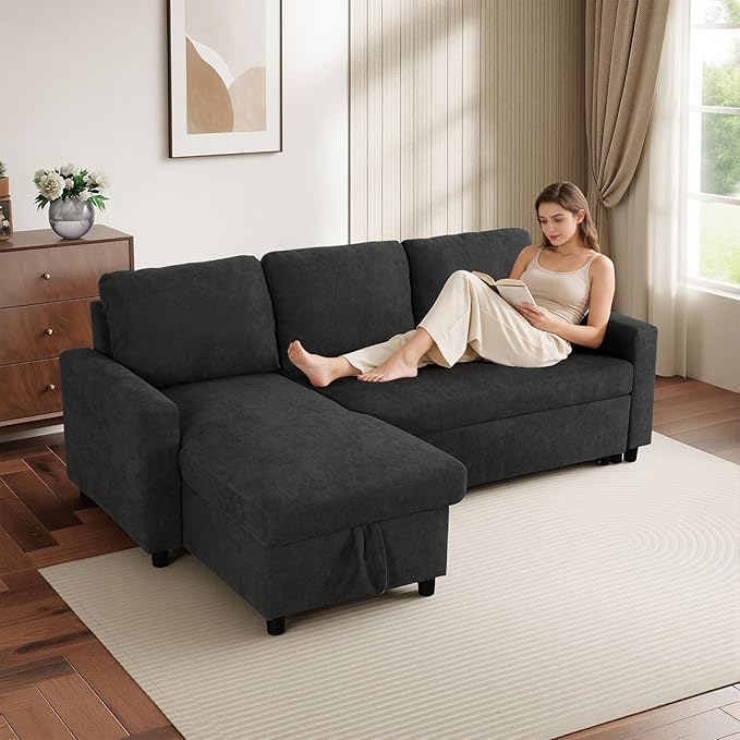 L-Shaped Sleeper Sofa with Chaise Lounge & Storage, Pull-Out Couch Bed with Recliner, Full Size Futon for Living Room, Office, Apartment Black