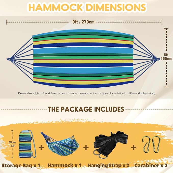 ANYOO Cotton Hammock Portable Camping Hammocks for Hanging Sturdy Garden Comfortable Fabric Hammock with Tree Straps Up to 660lbs with Travel Bag for Camping Outdoor/Indoor Patio Backyard - Image 3