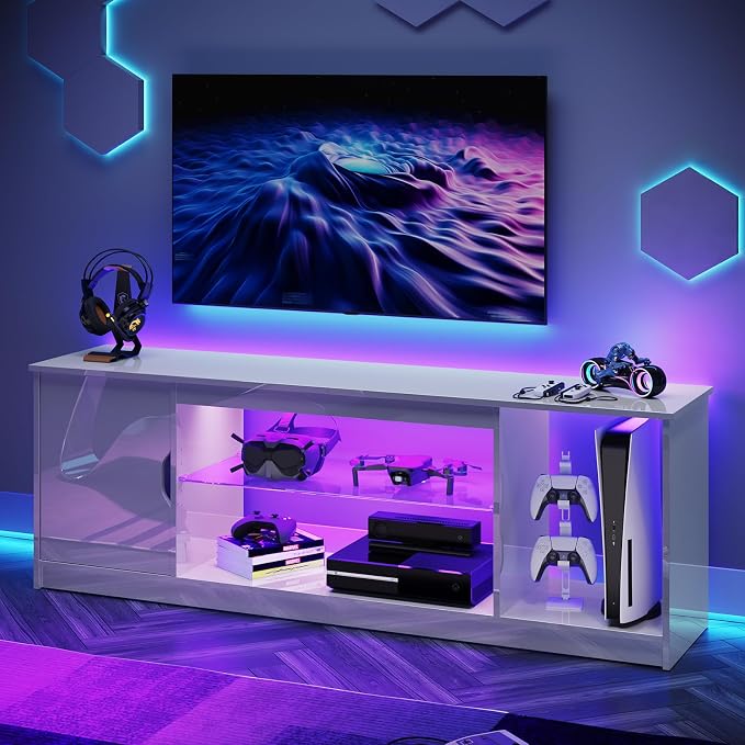 Bestier 57" Gloss White TV Stand for 65" TVs - Modern Gaming Console Unit with Glass Shelves, PS5/Xbox Cabinet, Adjustable Height Entertainment Center for Bedroom & Living Room - Image 8