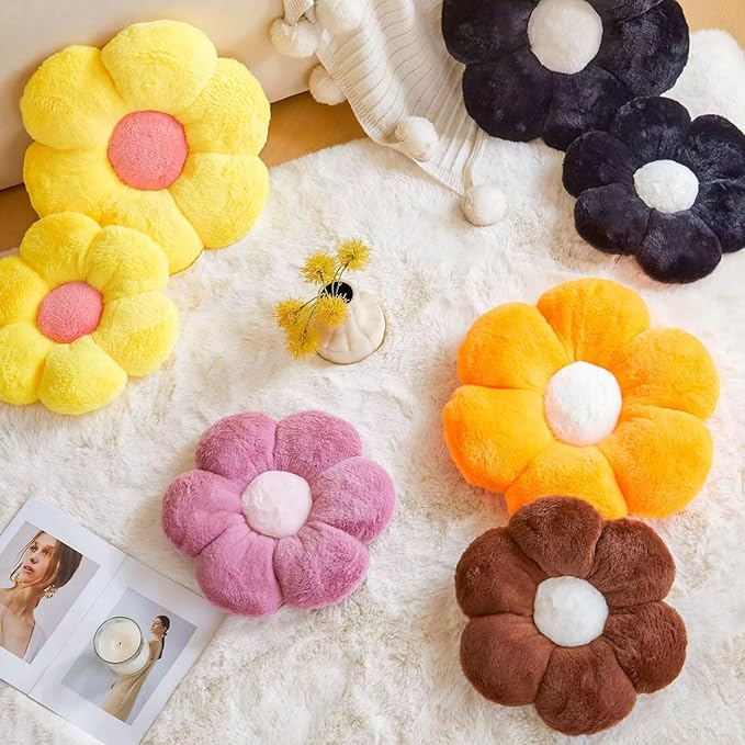 Kcvvcr Flower Pillow Cute Decorative Throw Pillow with Faux Rabbit Fur Soft Daisy Plush Floor Cushion Aesthetic Flower Shaped Pillow Home Decor for Bed Sofa Couch (Orange 17.7 Inch)