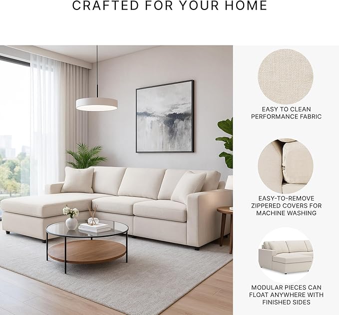 Signature Design by Ashley Modmax Coastal L-Shaped Modular Stain Resistant 3-Piece Sectional with Chaise, Reversible Cushions and 2 Accent Pillows, Beige