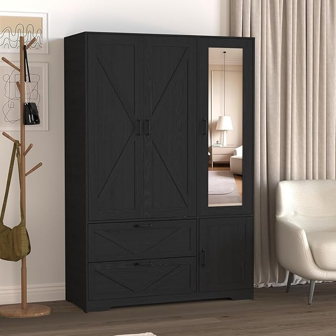 3 Doors Armoire Wardrobe Closet with Mirror Door and LED Lights,Bedroom Armoire with Drawers,Large Capacity Freestanding Armoire with Hanging Rod,Adjustable Shelves and Hooks(Black)