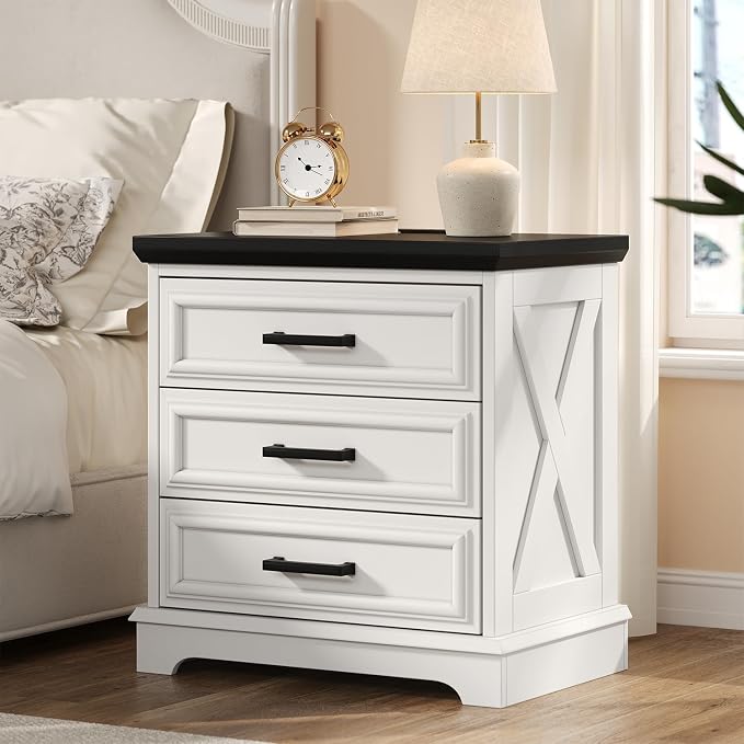 knoworld 24 Inch Wide Farmhouse Nightstands with Charging Station, White Nightstand with 3 Large Drawers, Rustic Wood End Table for Bedroom - Image 8