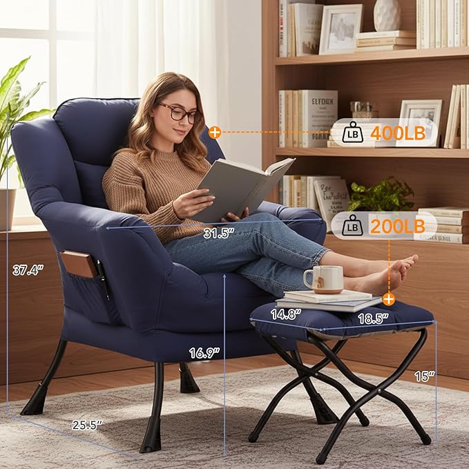 Lazy Chair with Ottoman, Large Accent Chair with Ottoman and a Throw Pillow, Navy Reading Chair for Living Room Bedroom Dorm Room Office Apartment Relaxing Use