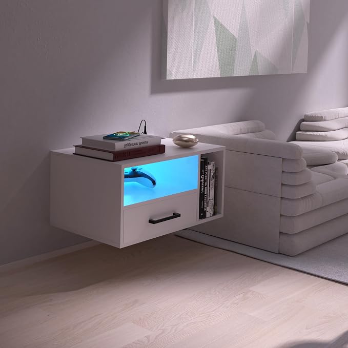 Floating Nightstand with Charging Station and LED Light Strips, 21.3" Night Stand with Drawers, Floating Bedside with USB Ports and Outlets, Bedroom Furniture - Image 3