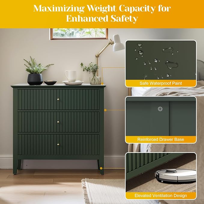 May in Color Large Green 3 Drawer Dresser, Painted 30 Inch Tall Wood Nightstand with Storage, Wide Modern Chest of Drawers with Ball Bearing Slide for Bedroom Hallway Living Room Entryway Office - Image 5