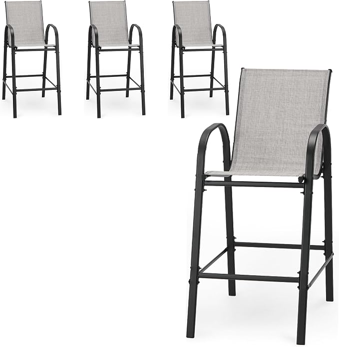 HOMREST Outdoor Bar Height Stools Set of 4,High Back Patio Chairs with Armrests,Textilene Chairs with Breathable Fabric & Metal Frame for All Weather,Light Grey by HOMREST
