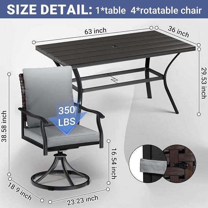 LEVELEVE 7 Piece Outdoor Patio Dining Set with 6 Swivel Dining Chairs & 1 Large Round Dining Table,Bistro Furniture Set for Lawn, Garden, Deck, Backyard and Porch - Image 5