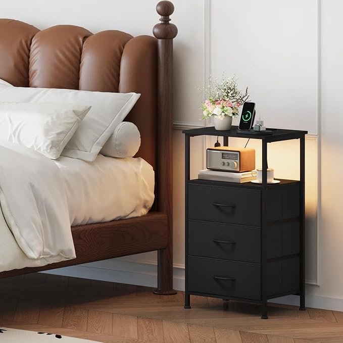 Somdot Nightstands Set of 2,Bedside Tables with Charging Station and LED Lights,Night Stand with 3 Fabric Drawers, End Tables with Open Shelf for Small Spaces Bedroom Entryway Hallway, Black - Image 2