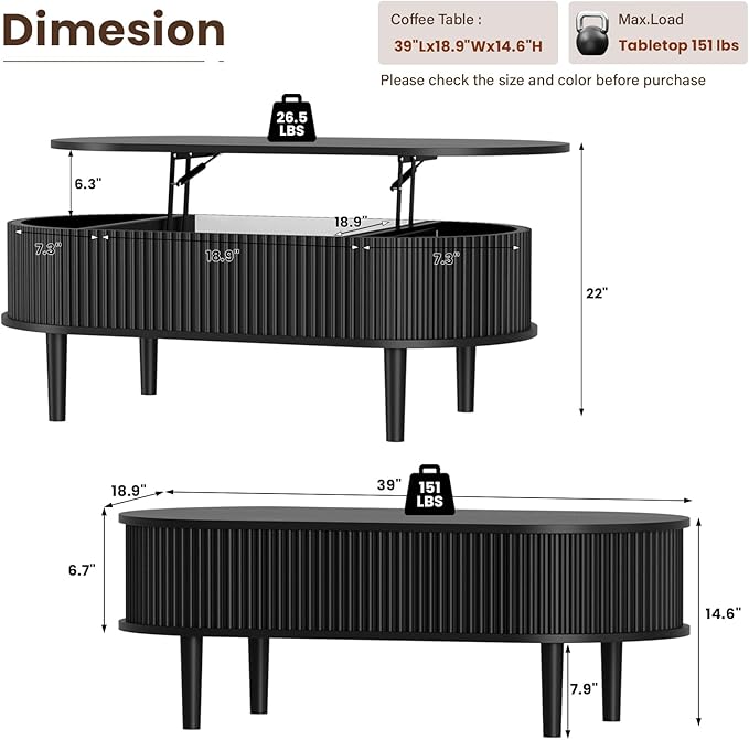 BREEZEHEAT Fluted Lift Top Coffee Table, 39" Black Modern Oval Coffee Table with Storage, Hidden Compartment & Fully Assembled Centre Table, Lift Tabletop for Living Room, Home Office, Small Space