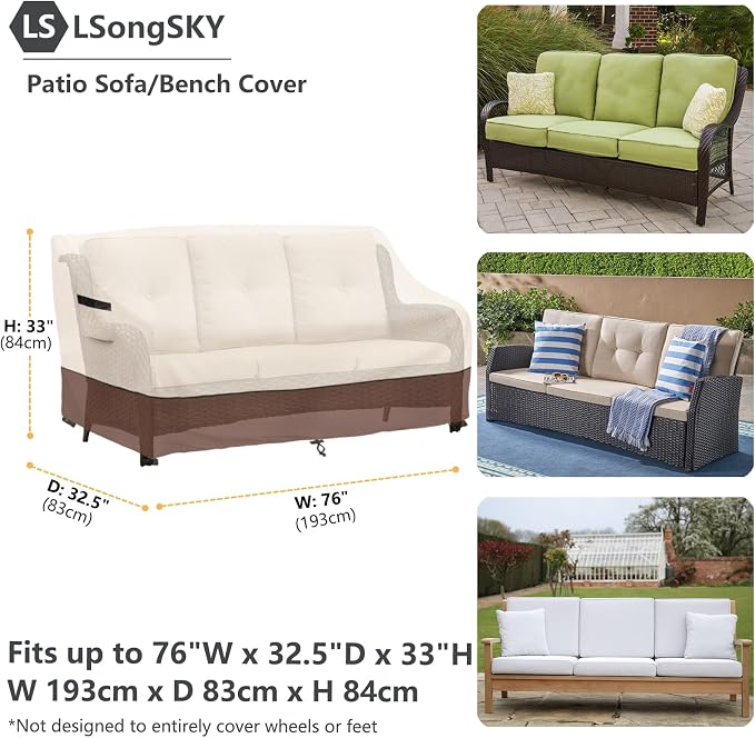 Patio 3-Seater Sofa Cover,Outdoor Couch Cover Fits up to 76W x 32.5D x 33H Inches,100% Waterproof Heavy Duty Patio Furniture Covers,Beige&Brown - Image 3