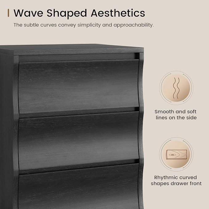 Black Nightstand Set of 2, Night Stand with 3 Drawers, Modern Nightstand with Large Storage, Silent Slides, Wooden End Side Table, Bedside Table with 3 Drawers for Bedroom - Image 3
