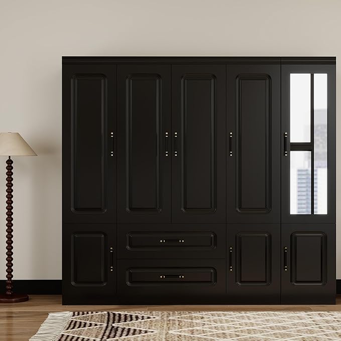 Armoire Wardrobe Closet with Mirror, Armoires and Wardrobes with 5 Doors, Large Wardrobe Closet with Hanging Rods, Wardrobe Armoire with 2 Drawers, Wardrobe Cabinet for Bedroom, Black