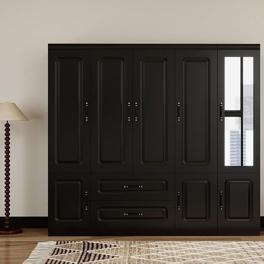 Armoire Wardrobe Closet with Mirror, Armoires and Wardrobes with 5 Doors, Large Wardrobe Closet with Hanging Rods, Wardrobe Armoire with 2 Drawers, Wardrobe Cabinet for Bedroom, Black