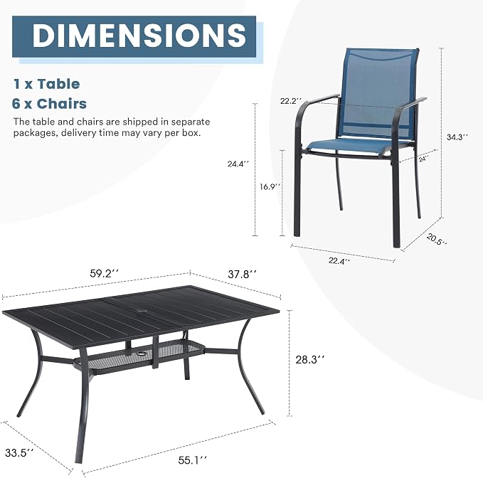 DIFY 7 Pieces Patio Dining Set for 6, Patio Furniture Includes Blue Stackable Sling Outdoor Chairs and 59.2" Rectangle Metal Black Table - Image 7