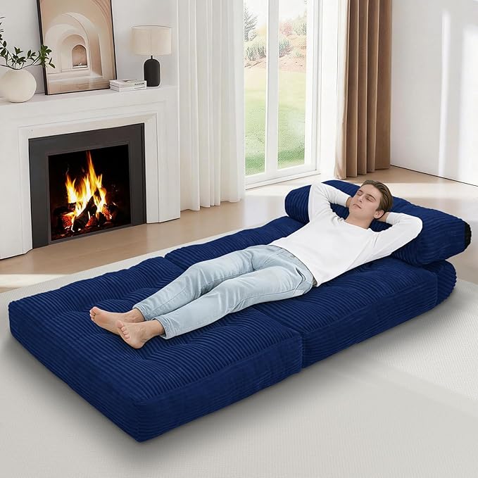 Folding Sofa Bed, Convertible Sleeper Chair with Pillow & Handle, Foldable Mattress Futon Chair Bed Lounge with Back Support, Comfy Floor Sofa for Living Room Bedroom, NavyBlue, Single