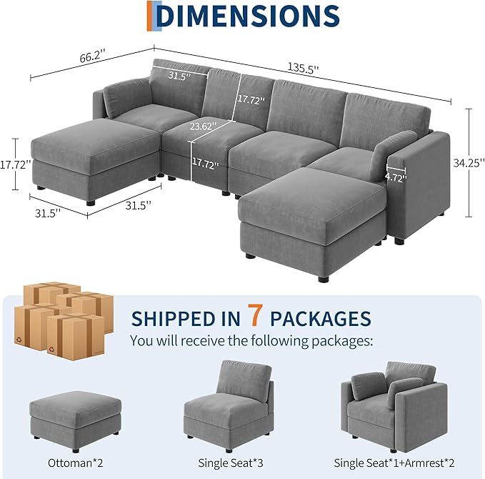 IDEALHOUSE 135.5" Modular Sectional Sofa, 6 Seater Sectional Couch, U-Shape Modern Sofa with Ottoman, Deep Seat, Oversized Convertible Modular Couch for Living Room Apartment Office, Chenille, Grey