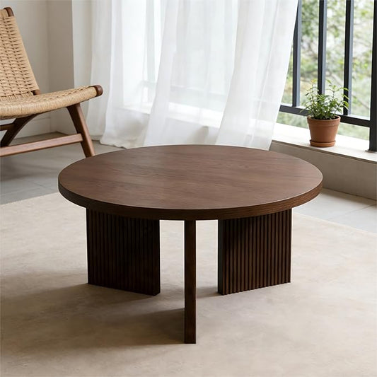 Wooden Round Coffee Table, 35" Coffee Table with Smooth Thick Mesa, Low Circle Center Table with X Shaped Stable Legs, Accent Tea Table for Living Room, Office, Brown