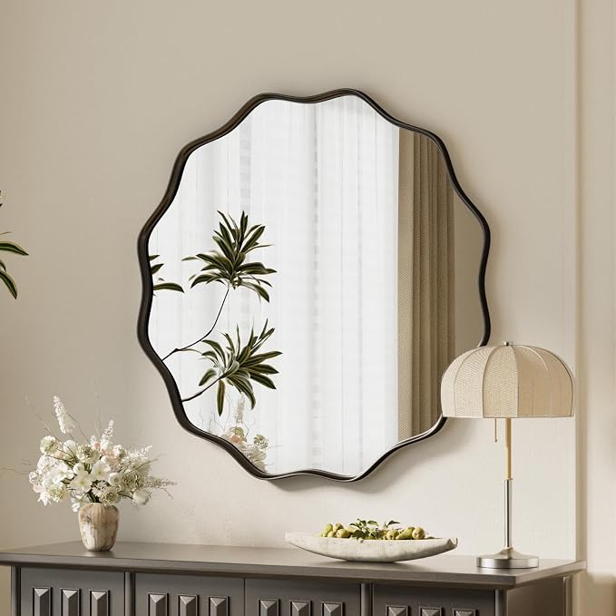 VooBang Black Scalloped Circle Mirror, 20" Wavy Edge Round Wall Mirror with Tempered Glass Textured Circular Metal Deep Frame, Hanging Leaning for Bathroom, Hallway, Entryway, Livng Room by VooBang