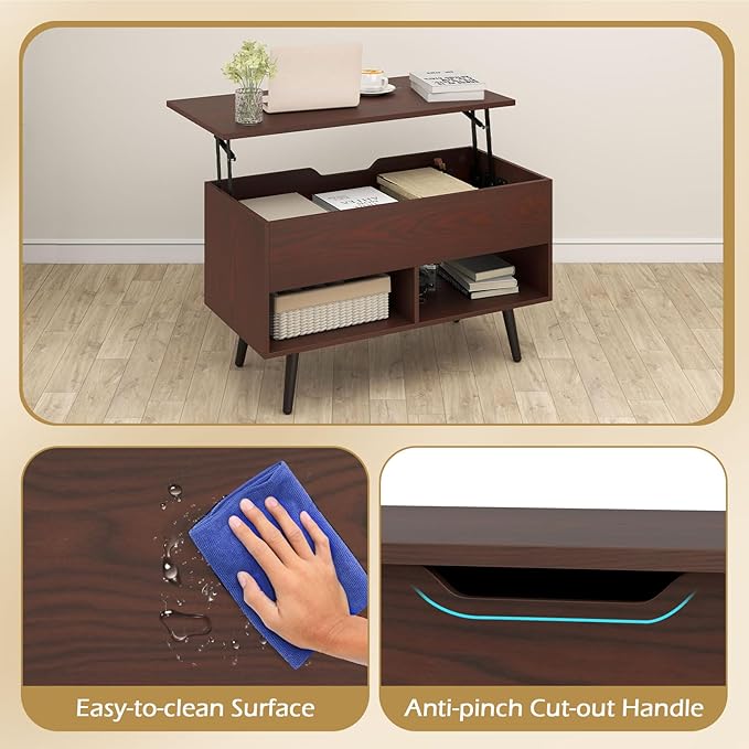 Giantex Lift Top Coffee Table, Modern Cocktail Table w/Hidden Compartment & 2 Open Shelves, Flip Top Center Table, Wooden Pull up Coffee Table for Living Room, Reception Room, Office (Walnut)