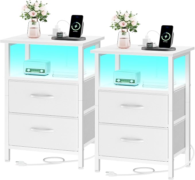 Vagusicc Nightstand Set of 2 with Charging Station, Bed side tables bedroom set of 2 with LED Lights, White Night Stands with 2 Fabric Drawers, 24.2" Tall Bedside Tables with Storage Shelf for Bedroom by Vagusicc