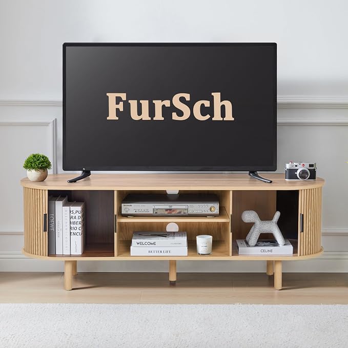 FurSch 54" Tambour Door TV Stand,Wood Mid Century Modern TV Cabinet for Up to 65“ TV,Curved Edge Long TV Stand with Storage for Bedroom Living Room(Natural, 54inch) - Image 7