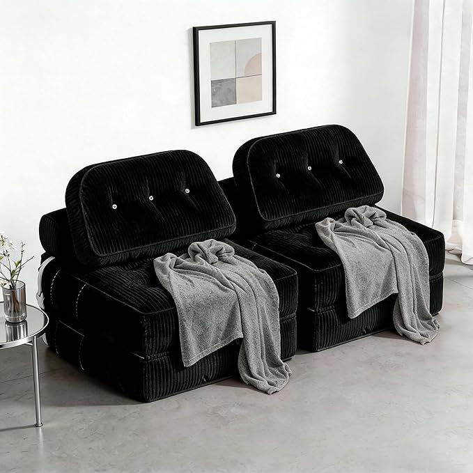 Folding Sofa Bed, Flannel Futon Couch Bed with Pillow and Blanket, Convertible Sleeper Chair for Living Room Bedroom (Two Black)