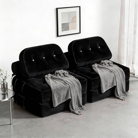 Folding Sofa Bed, Flannel Futon Couch Bed with Pillow and Blanket, Convertible Sleeper Chair for Living Room Bedroom (Two Black)