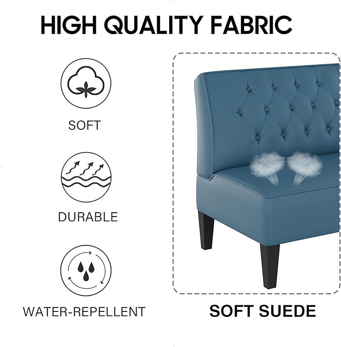 Alunaune Upholstered Blue Loveseat Bench Couch for Bedroom, Modern Cushioned Armless Settee Small Love Seat Sofa Faux Leather Living Room Couch
