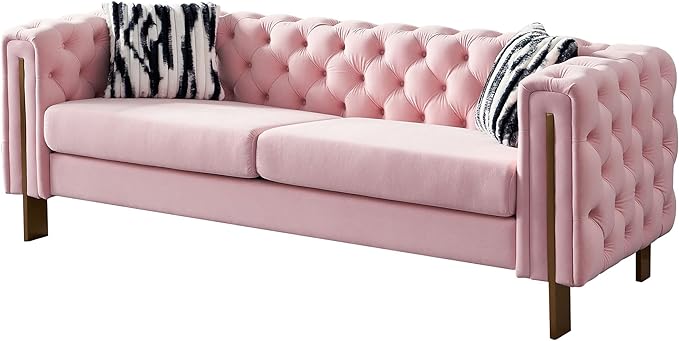 KEIKI 84" Chesterfield Velvet Tufted Button Sofa with Removable Cushions and 2 Toss Pillows, Modern 3-Seater Couch with 4 Gold Metal Legs, Easy Assembly, for Living Room, Bedroom, Apartment, Pink
