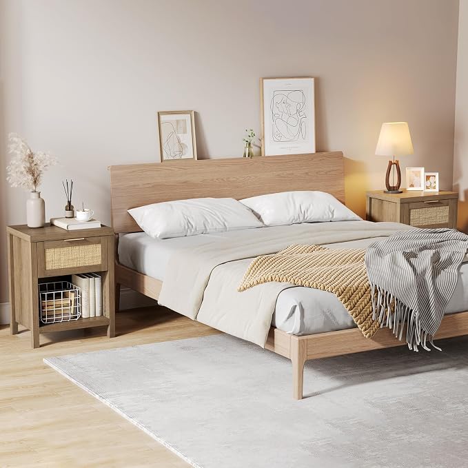 Eclatara Rattan Nightstand Set 2: Boho End Table with Drawer and Storage Shelf, Farmhouse Cane Accent Bedside Night Stands for Bedroom Small Space Sofa (2, Caramel Oak) - Image 2