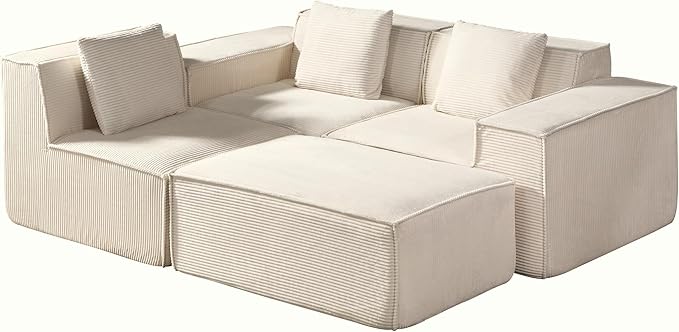 Rowan Convertible Corduroy Sectional Couch with Ottoman & Pillows, Modular L Shaped Sleeper Sofa, Boneless Cloud Couch for Living Room Furniture, Beige